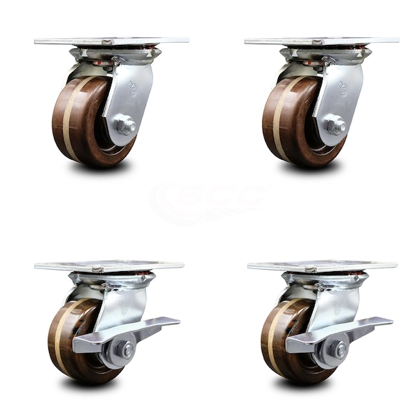 4 Inch High Temp Phenolic Swivel Caster Set with Roller Bearings 2 Brakes SCC